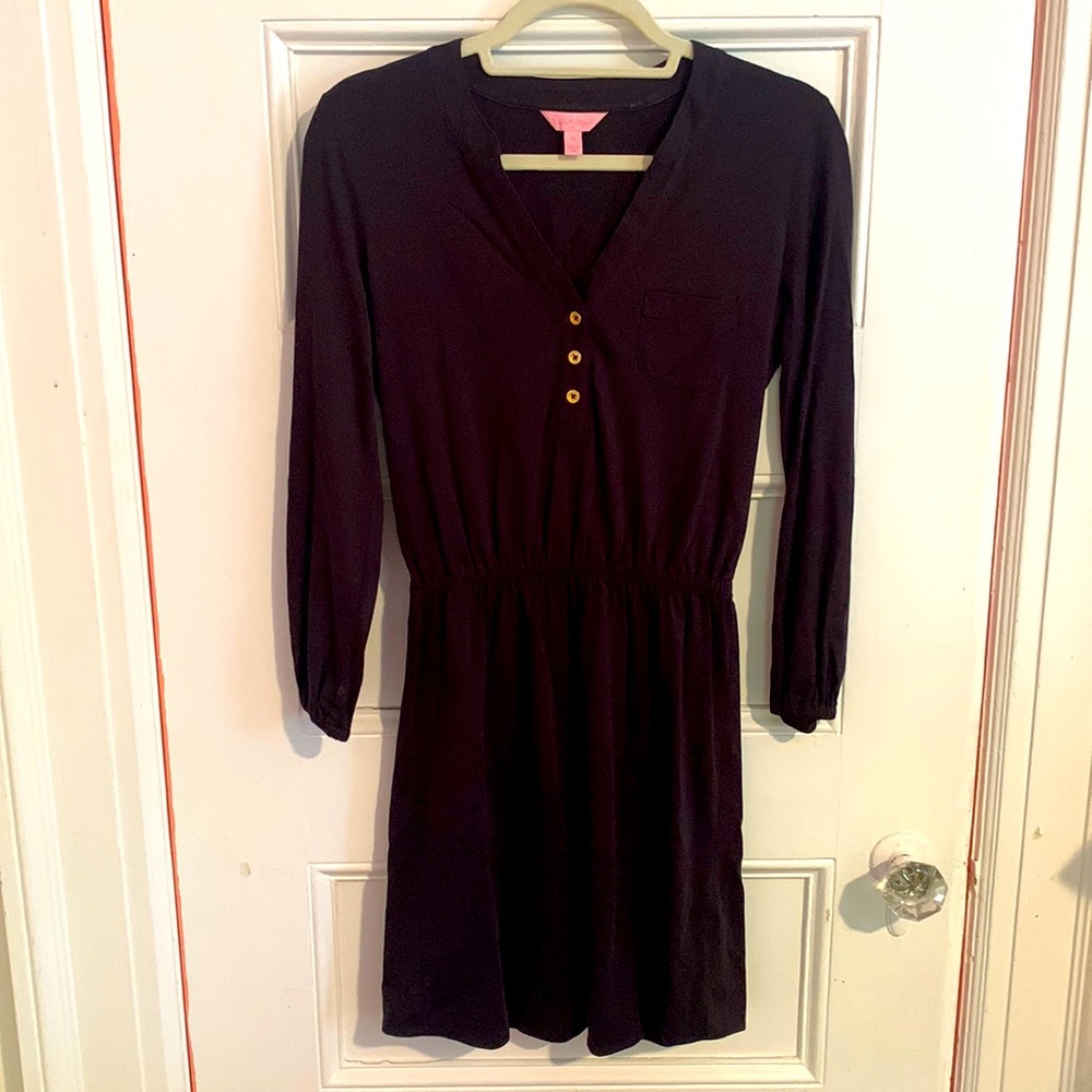 Lilly Pulitzer XS Black Cotton V Neck Dress with gold buttons & cinched waist